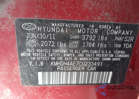 2012 Hyundai Elantra Gls (Ulsan Plant) z USA, uszkodzony, nr VIN KMHDH4AE7CU233491